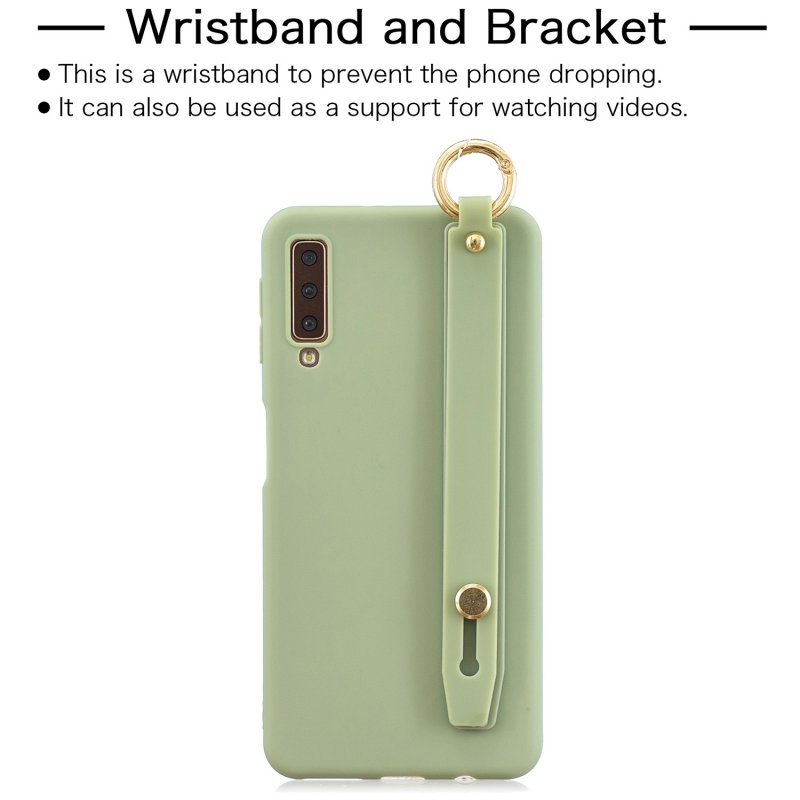 For Samsung A7 2018 Simple Solid Color Chic Wrist Rope Bracket Matte TPU Anti-scratch Non-slip Protective Cover Back Case 10 beans green