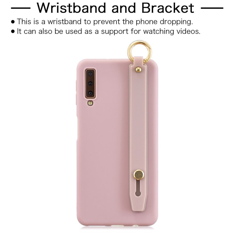 For Samsung A7 2018 Simple Solid Color Chic Wrist Rope Bracket Matte TPU Anti-scratch Non-slip Protective Cover Back Case 11 Lotus pink