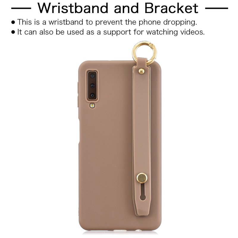For Samsung A7 2018 Simple Solid Color Chic Wrist Rope Bracket Matte TPU Anti-scratch Non-slip Protective Cover Back Case 9 coffee