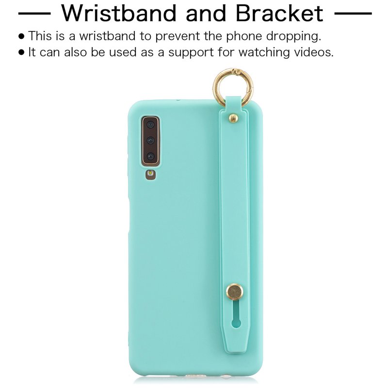 For Samsung A7 2018 Simple Solid Color Chic Wrist Rope Bracket Matte TPU Anti-scratch Non-slip Protective Cover Back Case 8 light blue