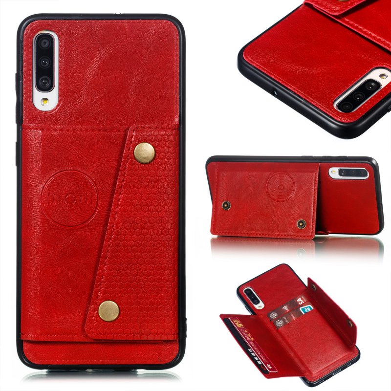 For Samsung A70 Double Buckle Non-slip Shockproof Cell Phone Case with Card Slot Bracket red