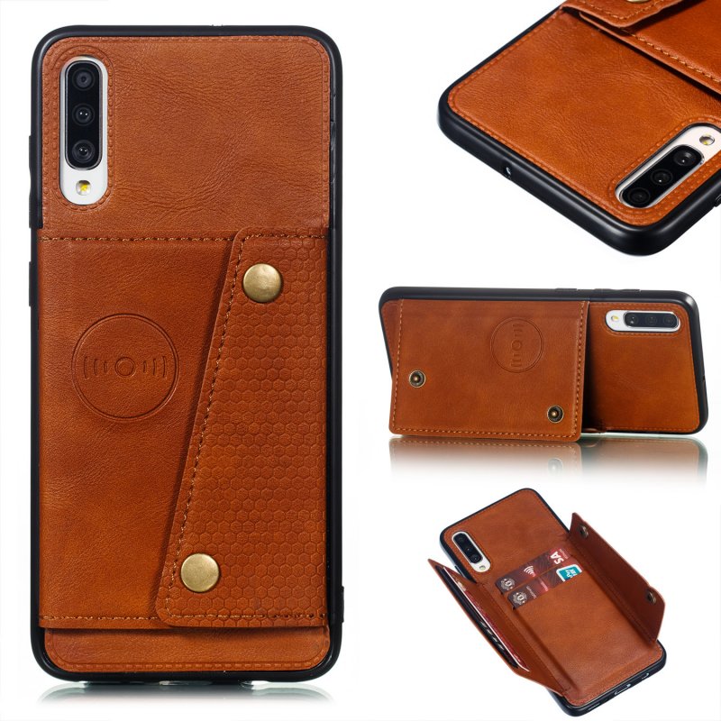 For Samsung A70 Double Buckle Non-slip Shockproof Cell Phone Case with Card Slot Bracket Light Brown