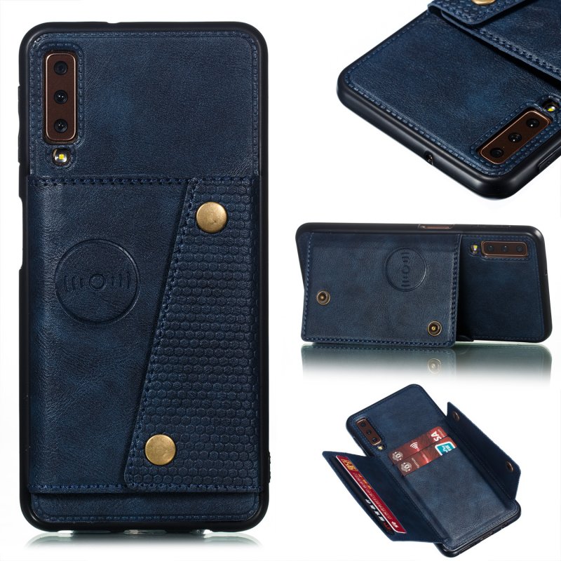 For Samsung A750/A7 2018 Double Buckle Non-slip Shockproof Cell Phone Case with Card Slot Bracket blue