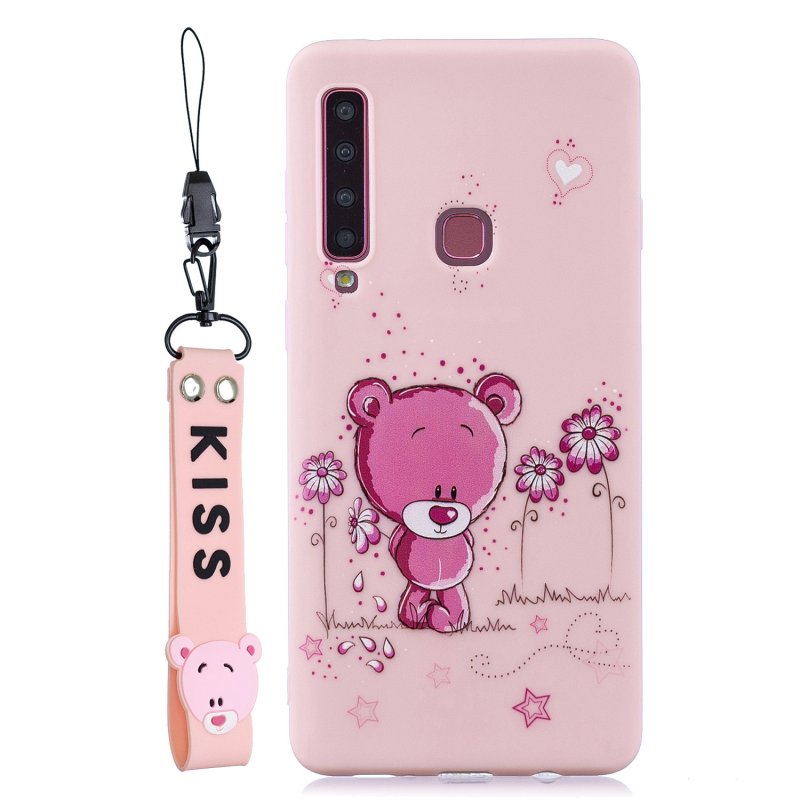 For Samsung A9 2018 Cartoon Lovely Coloured Painted Soft TPU Back Cover Non-slip Shockproof Full Protective Case with Lanyard Light pink