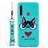 For Samsung A9 2018 Cartoon Lovely Coloured Painted Soft TPU Back Cover Non slip Shockproof Full Protective Case with Lanyard Light blue