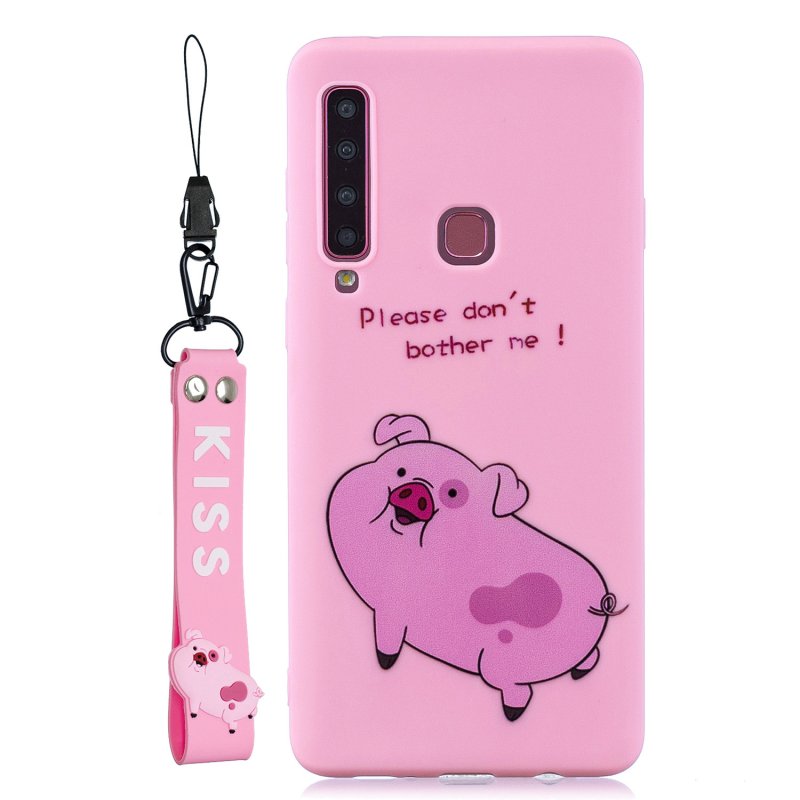 For Samsung A9 2018 Cartoon Lovely Coloured Painted Soft TPU Back Cover Non-slip Shockproof Full Protective Case with Lanyard Rose red