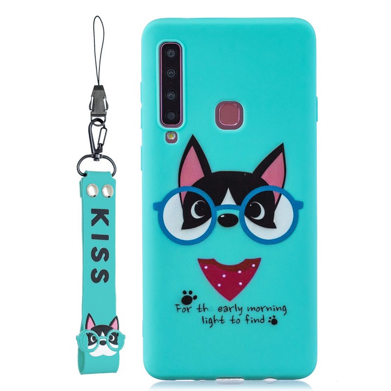 For Samsung A9 2018 Cartoon Lovely Coloured Painted Soft TPU Back Cover Non-slip Shockproof Full Protective Case with Lanyard Light blue