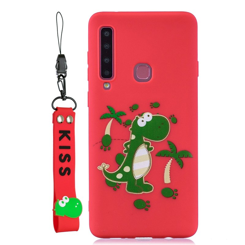 For Samsung A9 2018 Cartoon Lovely Coloured Painted Soft TPU Back Cover Non-slip Shockproof Full Protective Case with Lanyard red
