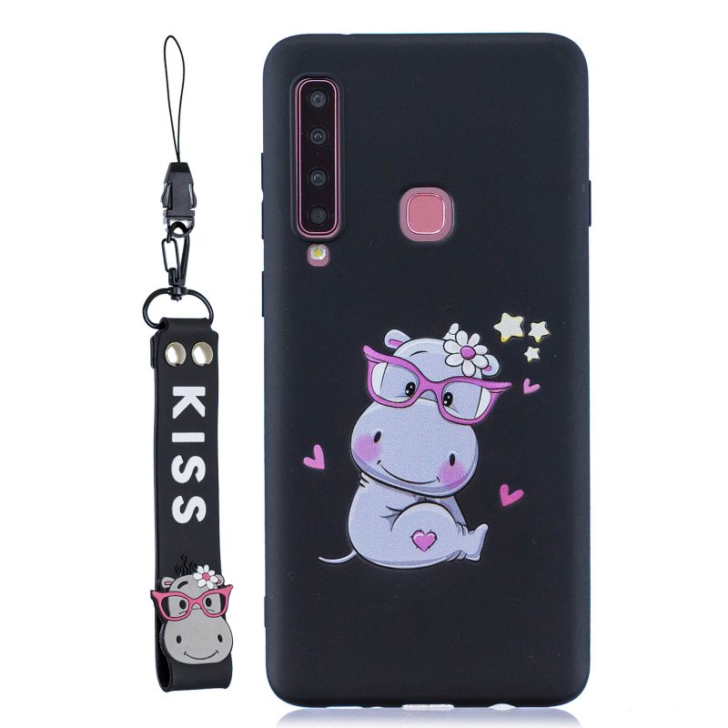For Samsung A9 2018 Cartoon Lovely Coloured Painted Soft TPU Back Cover Non-slip Shockproof Full Protective Case with Lanyard black