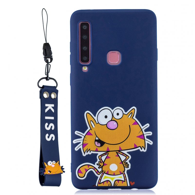For Samsung A9 2018 Cartoon Lovely Coloured Painted Soft TPU Back Cover Non-slip Shockproof Full Protective Case with Lanyard sapphire