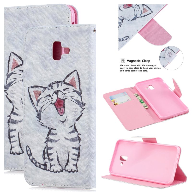 For Samsung J4 Plus/J6 Plus Cartoon Phone Shell Delicate Smartphone Case PU Leather Overall Protective Wallet Design Red lip cat