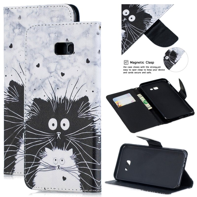 For Samsung J4 Plus/J6 Plus Cartoon Phone Shell Delicate Smartphone Case PU Leather Overall Protective Wallet Design Black white cat