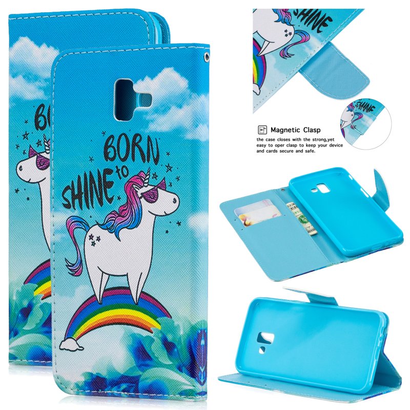 For Samsung J4 Plus/J6 Plus Cartoon Phone Shell Delicate Smartphone Case PU Leather Overall Protective Wallet Design Rainbow horse