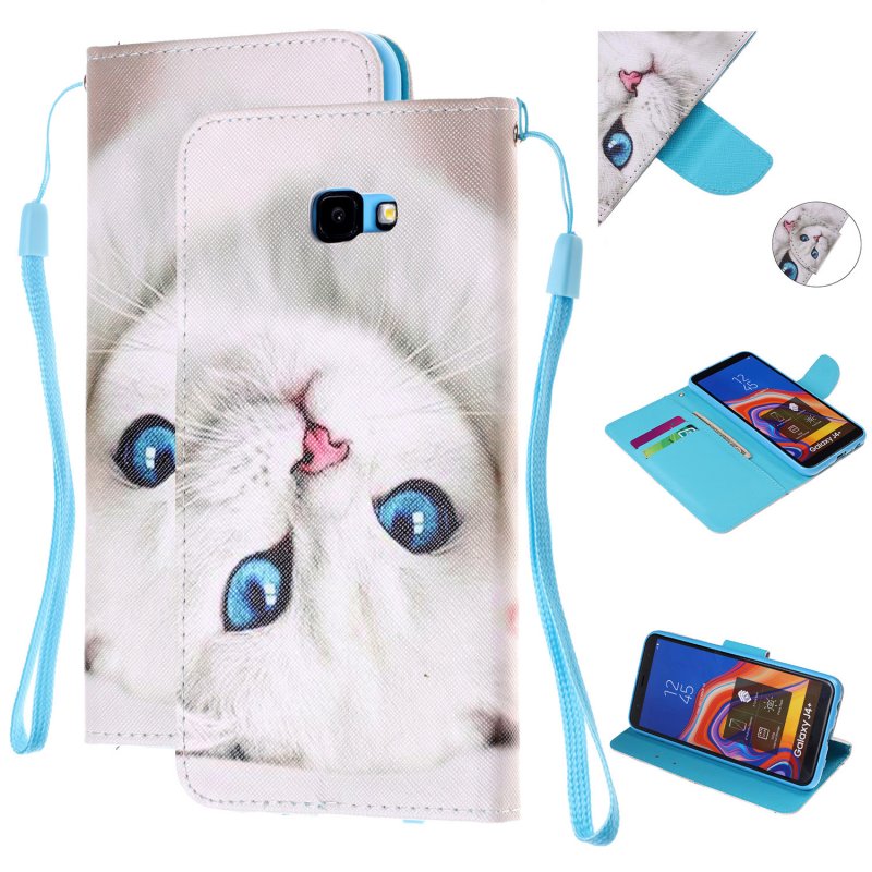 For Samsung J4 Plus/J6 Plus Cartoon Phone Shell Delicate Smartphone Case PU Leather Overall Protective Wallet Design Blue eyes cat