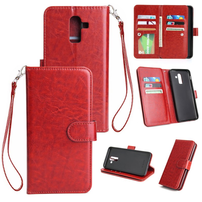 For Samsung J8 2018 PU Non-slip Shockproof Cell Phone Case with 9 Card Slots Lanyard Bracket red