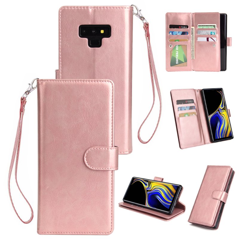 For Samsung Note 9 PU Full Protective Cover with 9 Card Slot Lanyard Bracket Buckle Rose gold