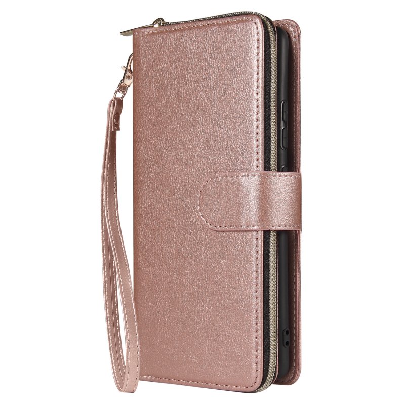 For Samsung S10/S20/S10E/ S10 Plus Pu Leather  Mobile Phone Cover Zipper Card Bag + Wrist Strap Rose gold