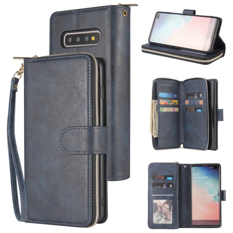 For Samsung S10/S20/S10E/ S10 Plus Pu Leather  Mobile Phone Cover Zipper Card Bag + Wrist Strap blue