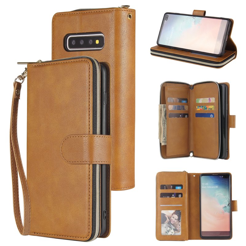 For Samsung S10/S20/S10E/ S10 Plus Pu Leather  Mobile Phone Cover Zipper Card Bag + Wrist Strap brown