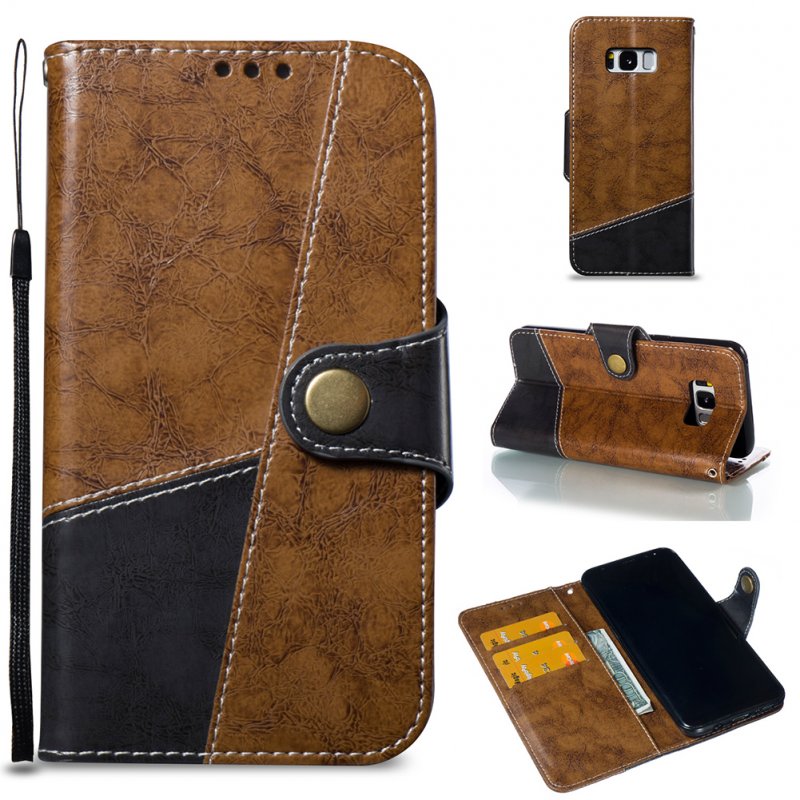 For Samsung S8PLUS/G955 Hit Color Stitching Leather Protective Phone Case with Button & Card Position & Bracket brown