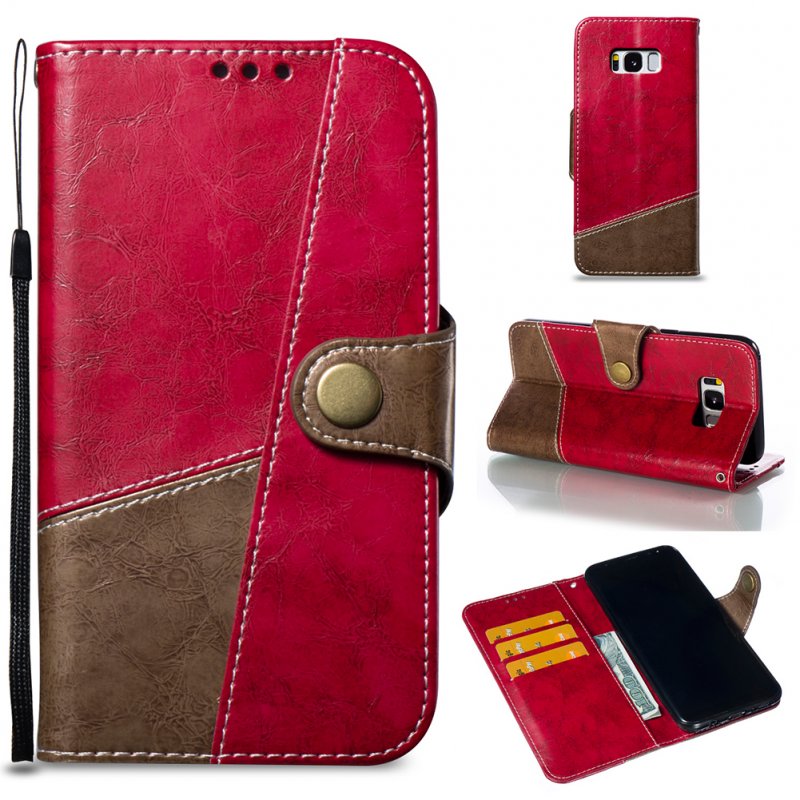 For Samsung S8PLUS/G955 Hit Color Stitching Leather Protective Phone Case with Button & Card Position & Bracket red