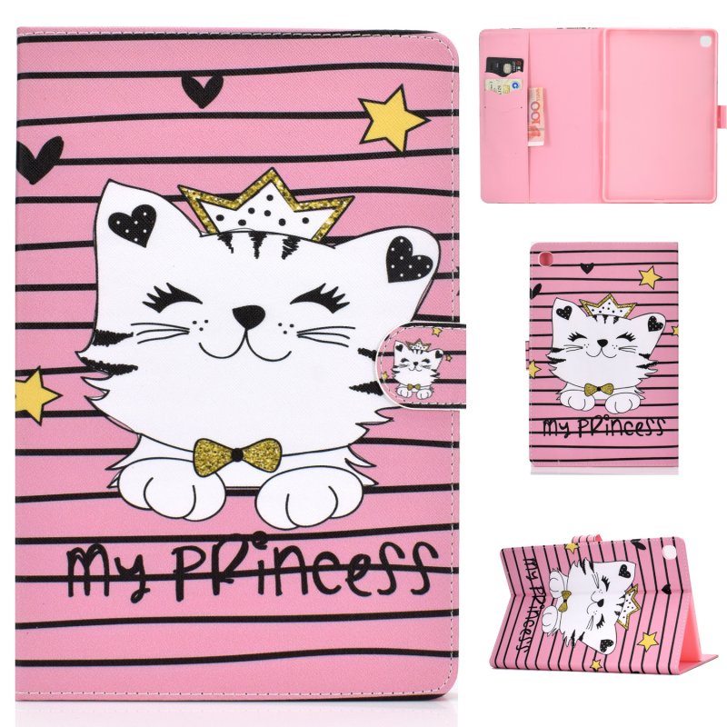 For Samsung T510/T515 Laptop Protective Case with Front Snap Cute Cartoon Color Painted Smart Stay PU Cover  Crown cat