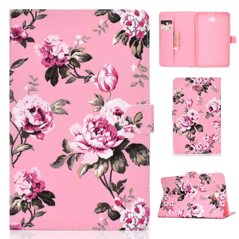 For Samsung T580 PU Laptop Protective Case with Front Snap Color Painted Smart Stay Cover  Pink flower