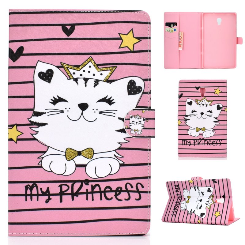 For Samsung T590 Laptop Protective Case Color Painted Smart Stay PU Cover with Front Snap Crown cat