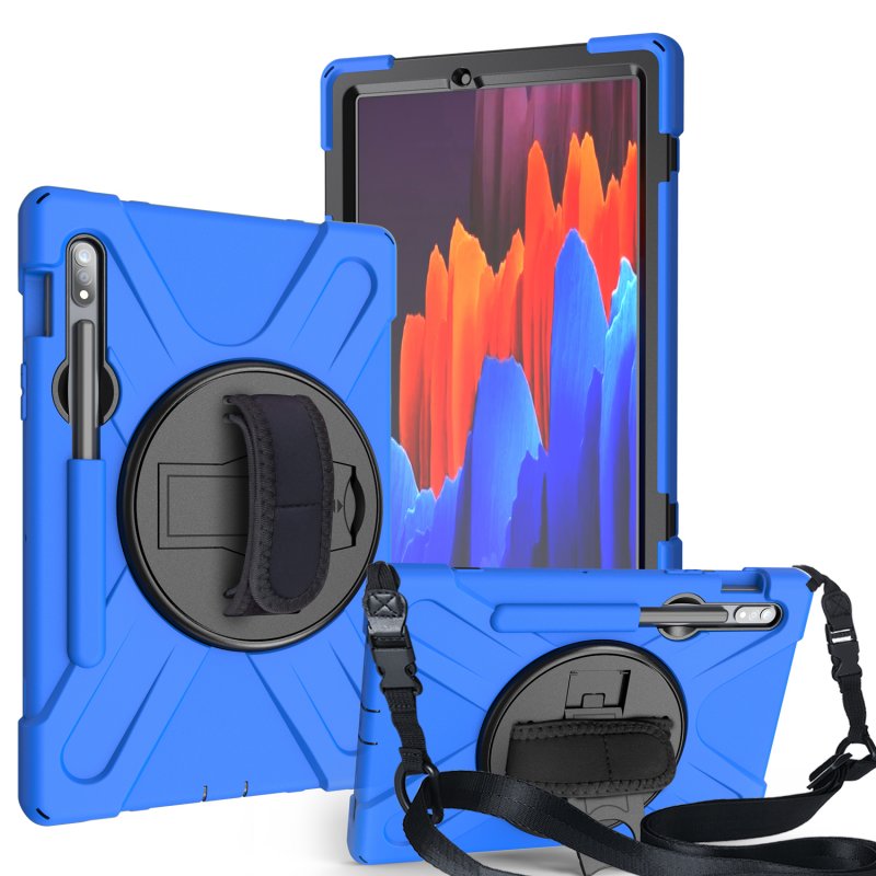For Samsung Tab S7 T870 /Tab S7 Plus T970/T975 Protective Cover with Pen Slot Anti-fall Belt Holder + Wristband + Straps blue_Samsung Tab S7 T870 (2020)