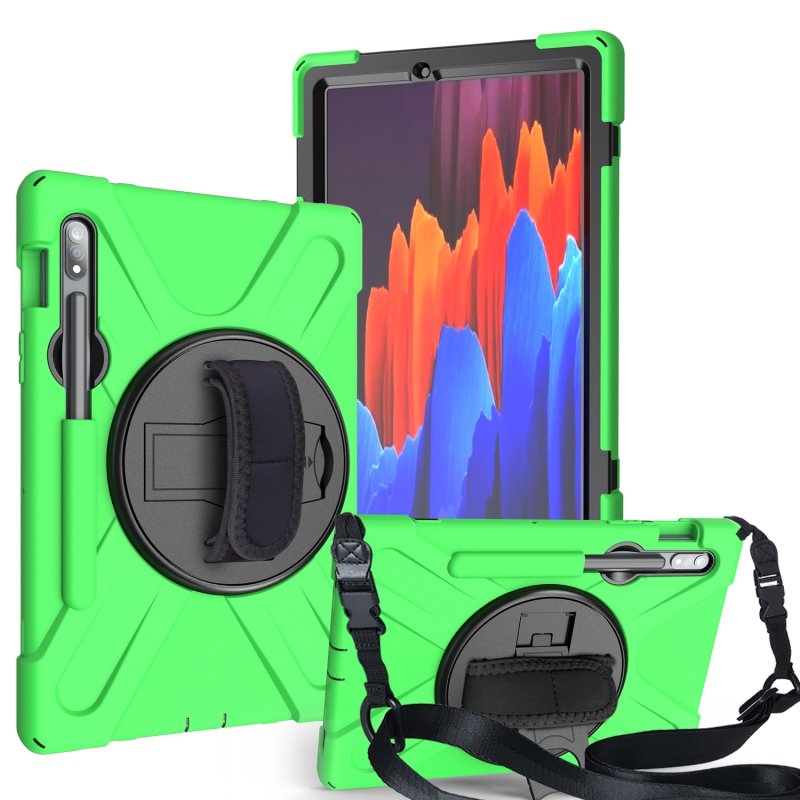 For Samsung Tab S7 T870 /Tab S7 Plus T970/T975 Protective Cover with Pen Slot Anti-fall Belt Holder + Wristband + Straps green_Samsung Tab S7 T870 (2020)