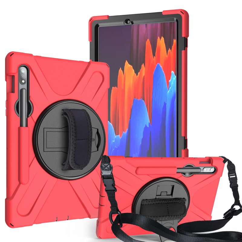 For Samsung Tab S7 T870 /Tab S7 Plus T970/T975 Protective Cover with Pen Slot Anti-fall Belt Holder + Wristband + Straps red_Samsung Tab S7 T870 (2020)