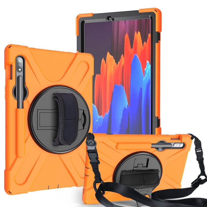 For Samsung Tab S7 T870 /Tab S7 Plus T970/T975 Protective Cover with Pen Slot Anti-fall Belt Holder + Wristband + Straps Orange_Samsung Tab S7 T870 (2020)