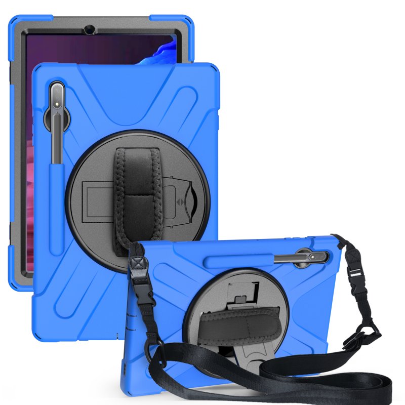 For Samsung Tab S7 T870 /Tab S7 Plus T970/T975 Protective Cover with Pen Slot Anti-fall Belt Holder + Wristband + Straps blue_Samsung Tab S7 Plus T970/T975