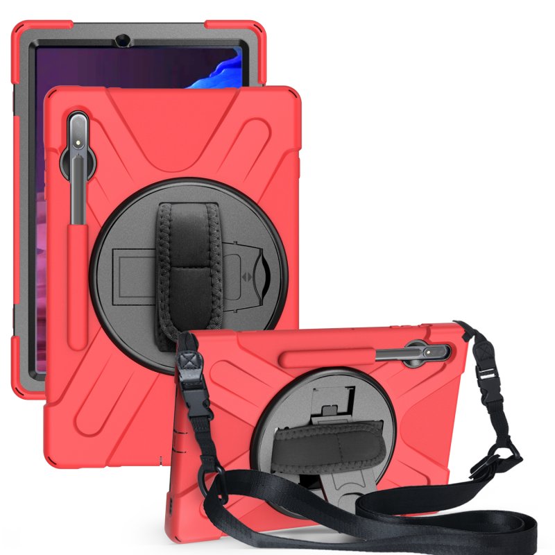 For Samsung Tab S7 T870 /Tab S7 Plus T970/T975 Protective Cover with Pen Slot Anti-fall Belt Holder + Wristband + Straps red_Samsung Tab S7 Plus T970/T975