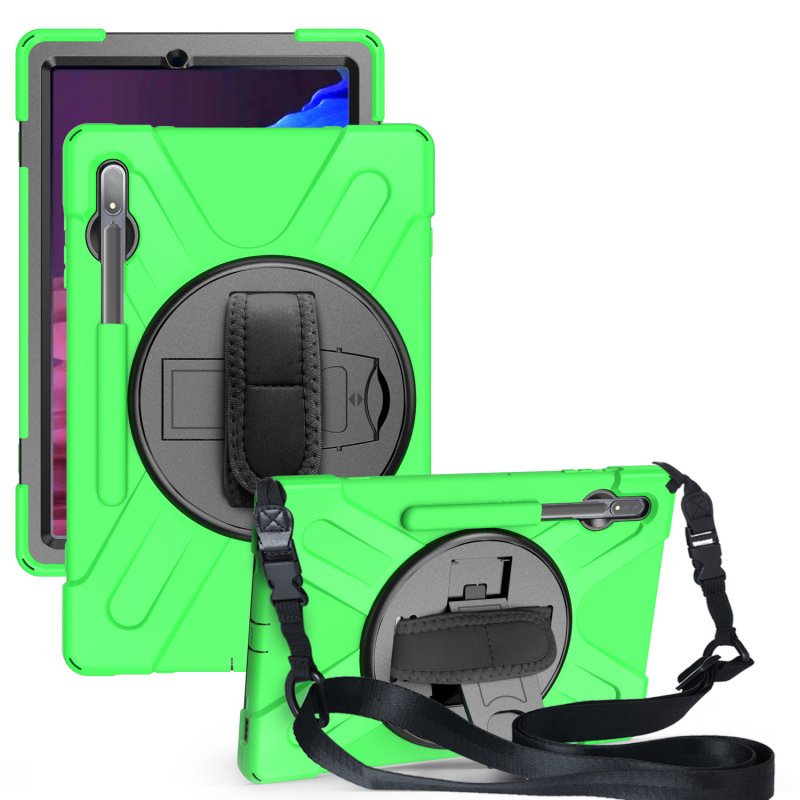 For Samsung Tab S7 T870 /Tab S7 Plus T970/T975 Protective Cover with Pen Slot Anti-fall Belt Holder + Wristband + Straps green_Samsung Tab S7 Plus T970/T975