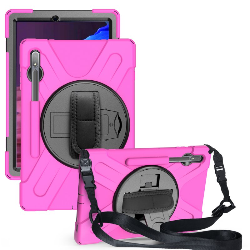 For Samsung Tab S7 T870 /Tab S7 Plus T970/T975 Protective Cover with Pen Slot Anti-fall Belt Holder + Wristband + Straps Rose red_Samsung Tab S7 Plus T970/T975