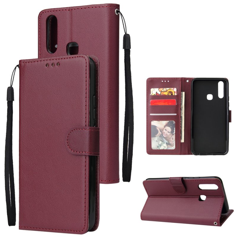 For VIVO Y17 Cellphone Cover PU Leather Shell All-round Protection Mobile Phone Case Precise Cutout Wallet Design Stand Function Wine red