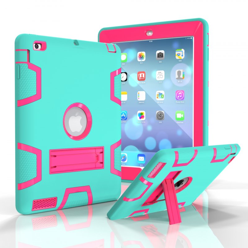 For iPad 2/3/4 PC+ Silicone Hit Color Armor Case Tri-proof Shockproof Dustproof Anti-fall Protective Cover  Mint green + rose red