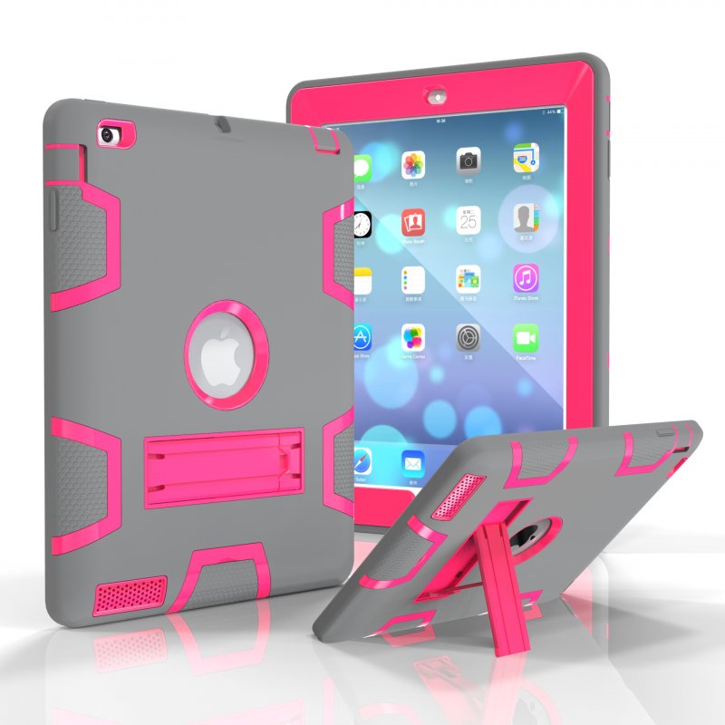 For iPad 2/3/4 PC+ Silicone Hit Color Armor Case Tri-proof Shockproof Dustproof Anti-fall Protective Cover  Gray + rose red