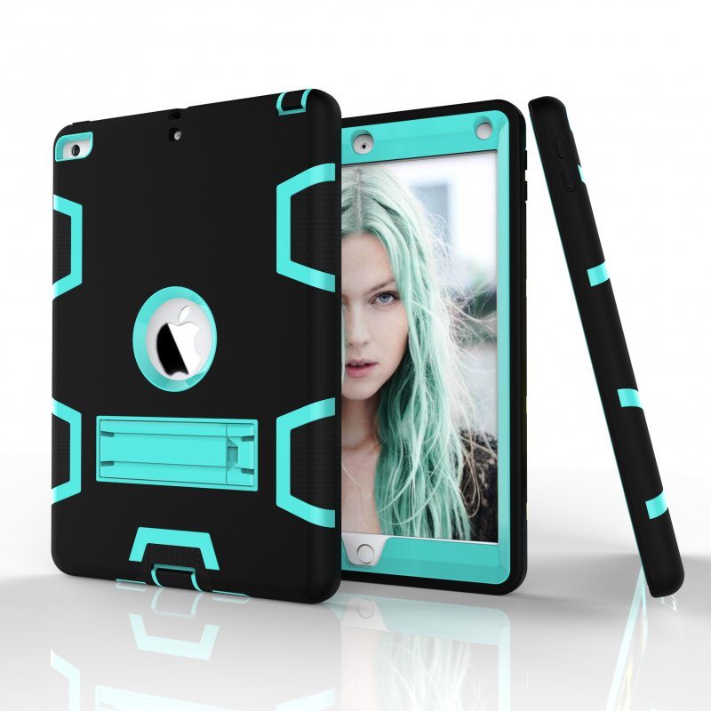 For iPad 2/3/4 PC+ Silicone Hit Color Armor Case Tri-proof Shockproof Dustproof Anti-fall Protective Cover  Black + mint green