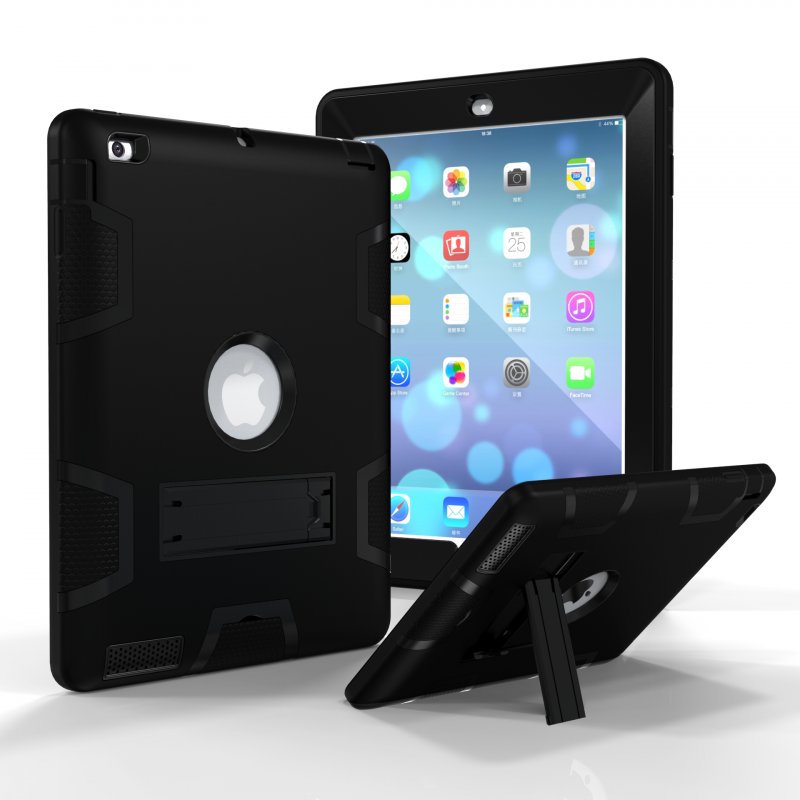 For iPad 2/3/4 PC+ Silicone Hit Color Armor Case Tri-proof Shockproof Dustproof Anti-fall Protective Cover  Black + black