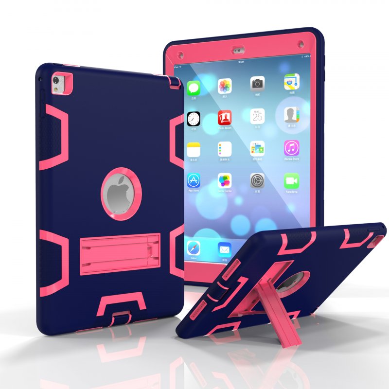 For iPad air2/iPad 6/iPad pro 9.7 2016 PC+ Silicone Hit Color Armor Case Tri-proof Shockproof Dustproof Anti-fall Protective Cover  Navy + Rose red