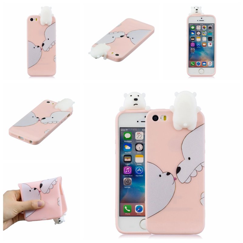 For iPhone 5/5S/SE 3D Cartoon Lovely Coloured Painted Soft TPU Back Cover Non-slip Shockproof Full Protective Case Big white bear