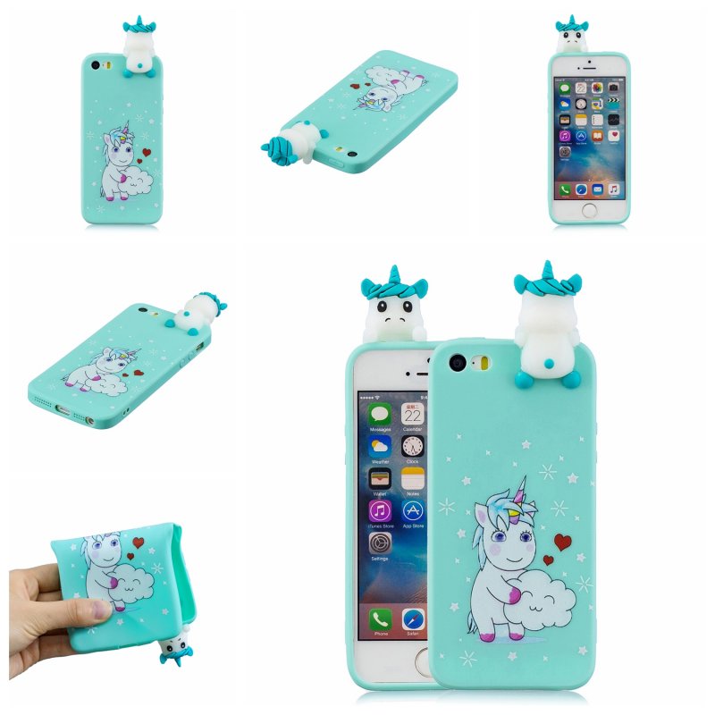 For iPhone 5/5S/SE 3D Cartoon Lovely Coloured Painted Soft TPU Back Cover Non-slip Shockproof Full Protective Case Love unicorn