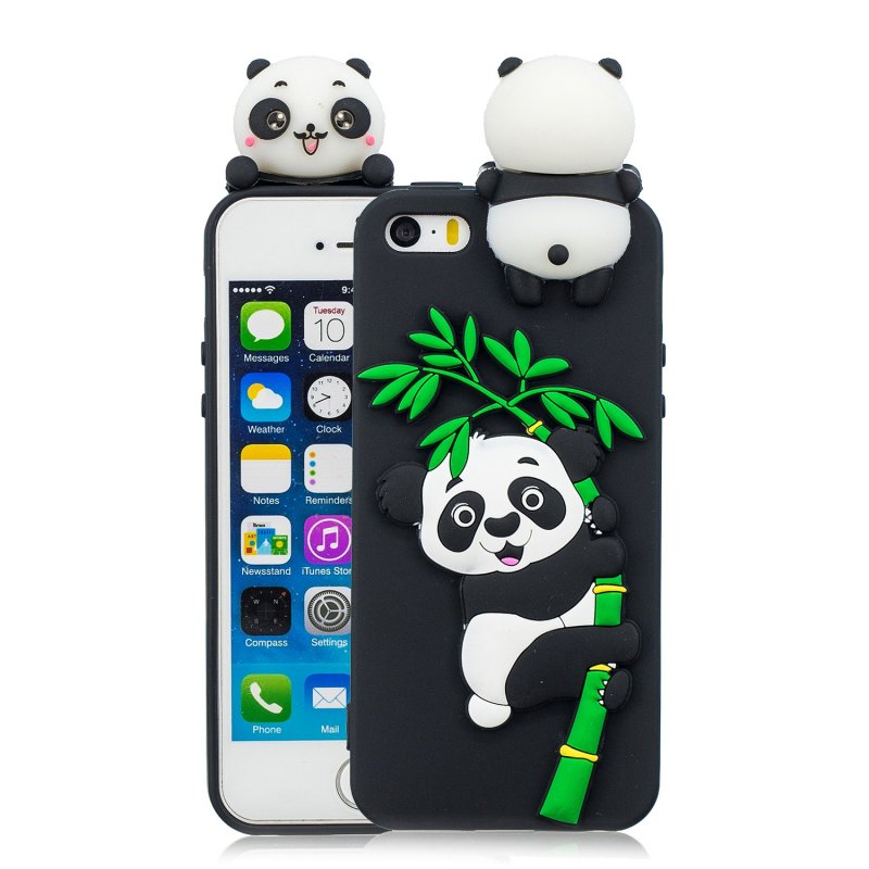 For iPhone 5/5S/SE/6/6S/6 Plus/6S Plus/7/8/7 Plus/8 Plus Phone Case 3D Cartoon Panda Bamboo Cellphone Back Shell Shockproof Smartphone Cover Black