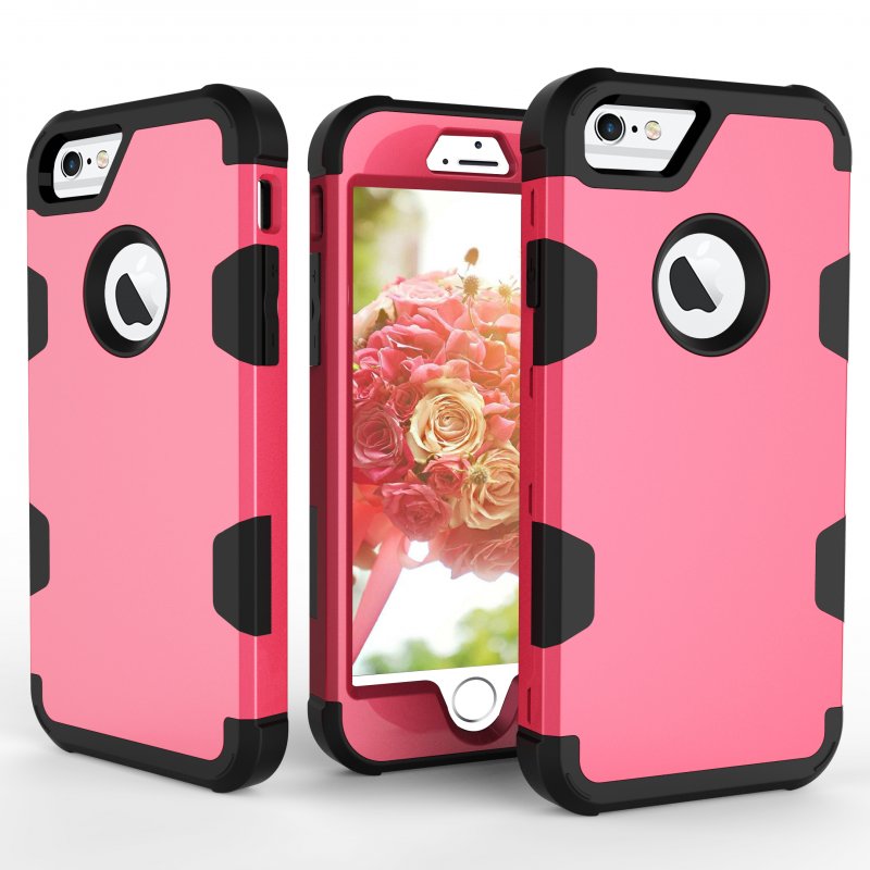 For iPhone 6/6S PC+ Silicone 2 in 1 Hit Color Tri-proof Shockproof Dustproof Anti-fall Protective Cover Back Case Rose red + black
