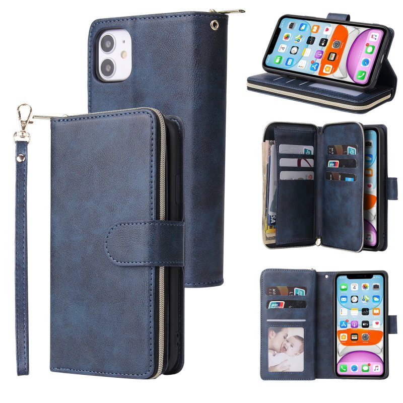 For iphone X/XS/XS MAX/11/11Pro Pu Leather  Mobile Phone Cover Zipper Card Bag + Wrist Strap blue