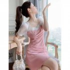 French Square Neck Dress For Women Summer Sweet Puff Sleeves Chiffon A-line Skirt Simple Short Dress Pink XL