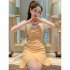 French Square Neck Dress For Women Summer Sweet Puff Sleeves Chiffon A line Skirt Simple Short Dress Pink M