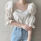 French Square Neck Shirt For Women Elegant Puff Sleeves Casual Blouse Trendy Half Sleeves Pullover Tops apricot M
